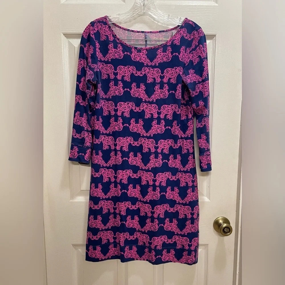 Lilly Pulitzer Marlowe Dress Elephant Pack Your Trunk Print Pink Blue Size Sm